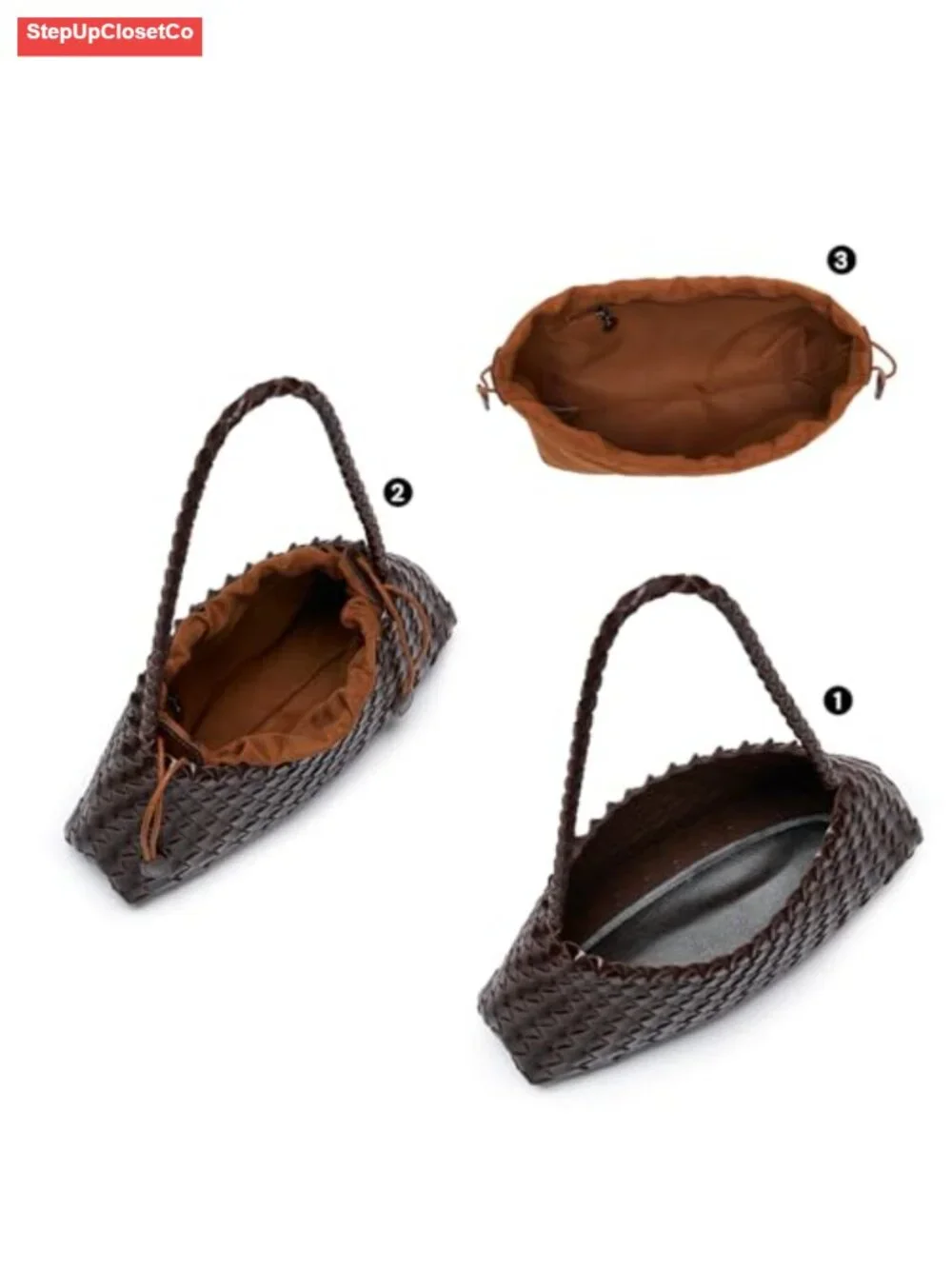 Vegan Leather Woven Hobo Shoulder Bag with Drawstring Pouch, Braided Strap
